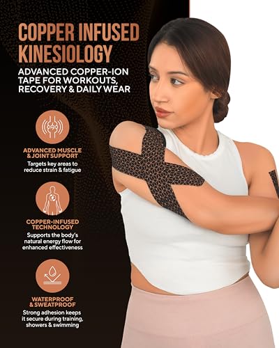 TheraCopper Copper Infused Kinesiology Tape - 2 Rolls, 40 Precut Strips - color: Black