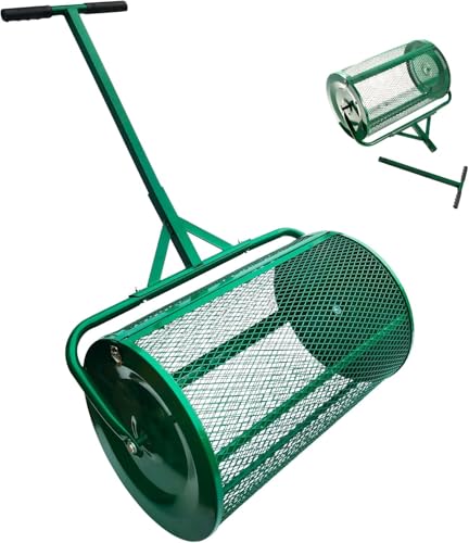 24 Inch Lawn Compost Spreader Roller with 2.66 Cu.Ft Steel Mesh Drum