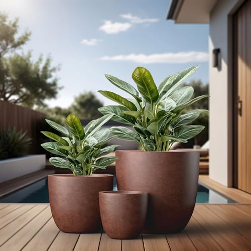 Kante Set of 3 Rusty Concrete Bowl Planters 18" 14" 10" Dia - color: Rusty, size: 18"d + 14"d + 10"d
