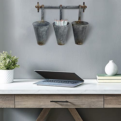 Creative Co-Op Antiqued Metal Wall Rack with 3 Hanging Cone Pots, Grey