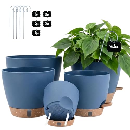 5-Pack Self Watering Planter Pots 10/9/8/7/6.5" for Inoor/ Ourdoor Plants - color: Blue, size: 6.5/7/8/9/10 Inch