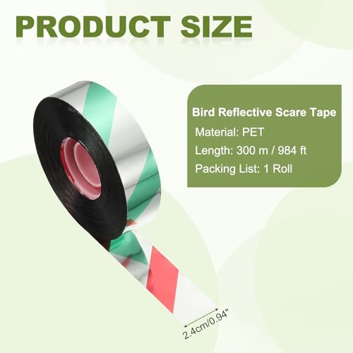 MECCANIXITY 984ft Long 1" Wide Green/Silver Dual Side Reflective Holographic Flash Bird Scare Tape Ribbon to Keep Birds Away, Hang Tie on Garden Farm Orchards Balcony Patio Yard Fence - color: Green Silver, size: 984ft x 0.94in