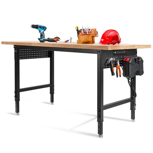 Height Adjustable Workbench 60”×22” Heavy Duty Work Table 2000 LBS Load Capacity Rubber Wood Work Station with Power Outlet & Pegboard for Garage, Office, Workshop, Home, Party Shop - size: 60"| Rubber Pad│Power Outlets│Pegboard
