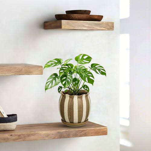 5.2 inch Stripes Ceramic Plant Pots with Drainage Hole and Tray, Brown - color: Brown
