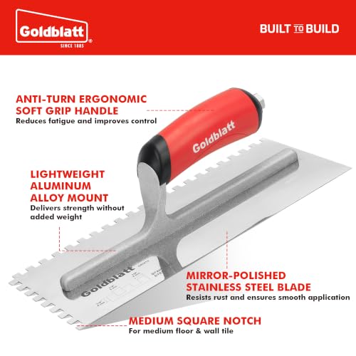 Goldblatt 1/4'' x 1/4'' x 1/4'' Square-Notch Tile Trowel, 11'' x 4.5'' - size: SQ 1/4