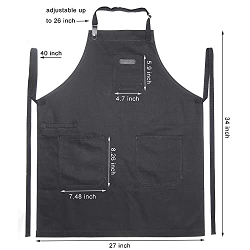 Black Kitchen Apron for Cooking, with Pockets & Towel Loop - color: Black Cotton