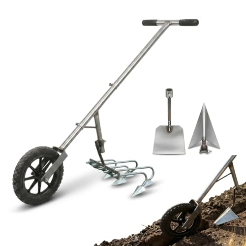 3-in-1 Heavy Duty Wheel Hoe & Hand Tiller Cultivator, Manual Push Plow with Weeding Hoe&Furrow Plow Attachments, 11" Solid Wheel, Galvanized Steel Garden Tool for Weeding, Loosening&Trenching