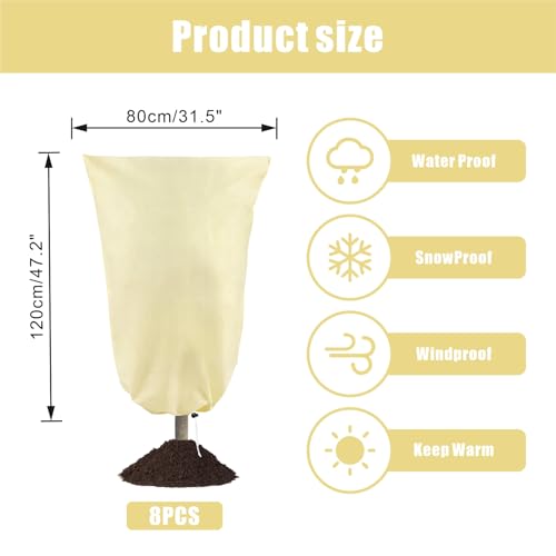 8 Pack Plant Covers Freeze Protection, 31.5"x47.2" with Zipper Drawstring - color: Beige