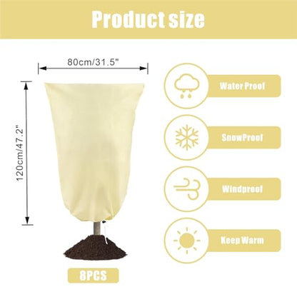 8 Pack Plant Covers Freeze Protection, 31.5"x47.2" with Zipper Drawstring - color: Beige