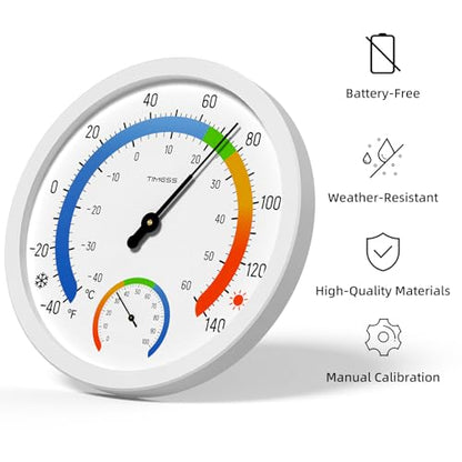 TIMESS 10-Inch Indoor Outdoor Thermometer Hygrometer, Battery-Free, White - color: White