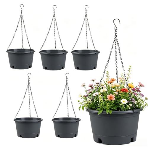 6 Pack 10 Inch Hanging Baskets for Plants Outdoor with Removable Trays - color: Gray, size: 10 Inch - 6 Pack