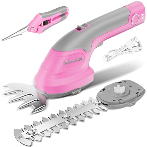 8V Cordless Hedge Trimmer & Grass Shear, 2-in-1 Handheld Shrub Trimmer with 2000mAh Removable Battery, 2 Interchangeable Blades for Bushes, Shrubs & Lawn Edging (Pink) - color: Pink and Grey