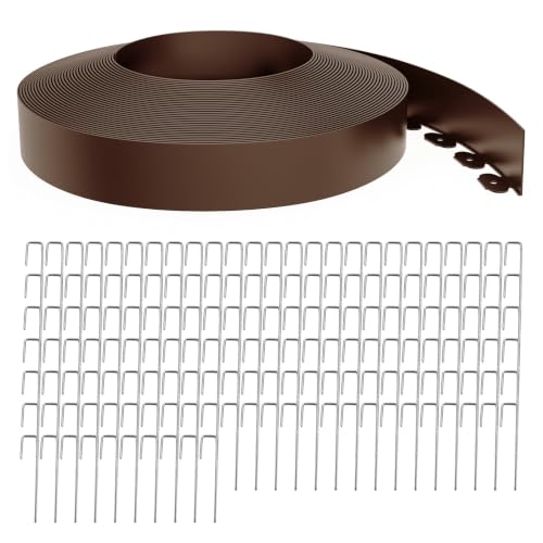 Landscape Edging 4 Inch Tall 150FT with 160Pcs Metal Spikes, Plastic Garden Edging Border Landscape Edging Border Lawn Edging for Landscaping, Flower Bed, Yard(Brown) - color: Brown, size: 150FT