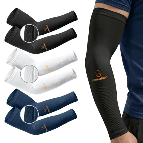 ARMORAY Arm Sleeves for Men or Women Anti Slip Basketball Golf Running Football Cycling - color: Black + Navy + White ( 3 Pair)