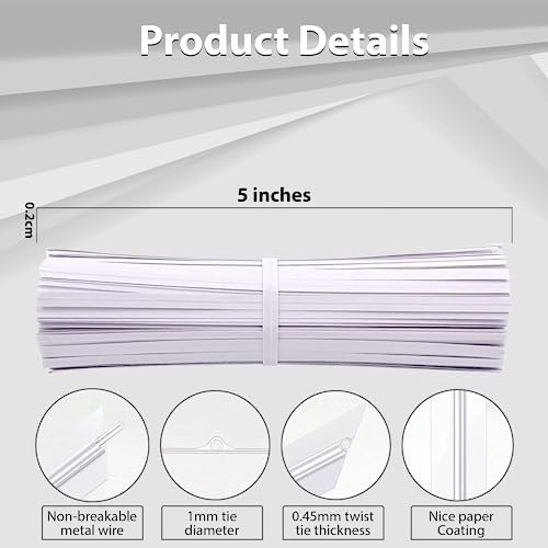 100 Pieces 5" Reusable White Paper Bread Twist Ties, White Twist Ties Bag Ties for Bags Bread Wire Ties Reusable Twist Tie for Treat Party Cello Candy Bread Coffee Bags Cake Pops