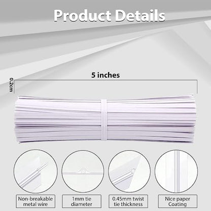 100 Pieces 5" Reusable White Paper Bread Twist Ties, White Twist Ties Bag Ties for Bags Bread Wire Ties Reusable Twist Tie for Treat Party Cello Candy Bread Coffee Bags Cake Pops