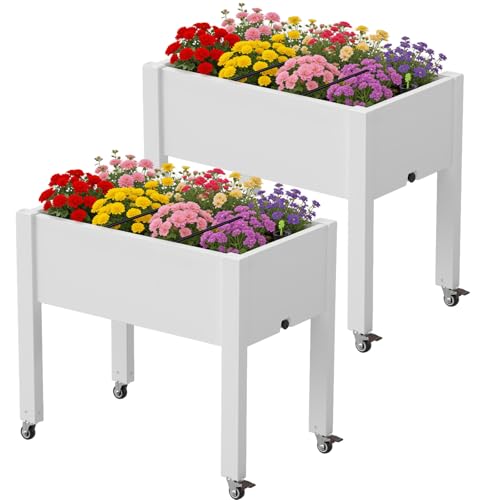 2 Pack Raised Garden Bed with Wheels, Resin Raised Planter Box Outdoor with Drainage System, Large Herb Garden Planter Set for Backyard Patio Balcony, Ashen (17.7" D x 30" W x 26.3" H Each) - color: Ashen, size: 26.3" Hx2