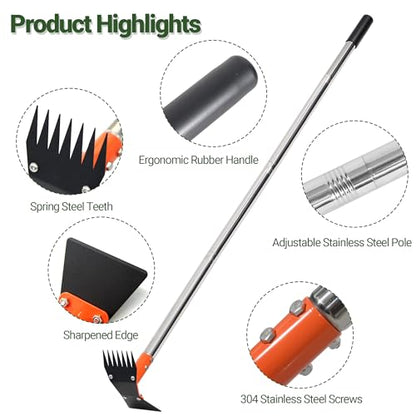 2-in-1 Garden Hoe and Weed Puller Rake 60 Inch Spring Steel Head - size: 60" Adjustable Handle