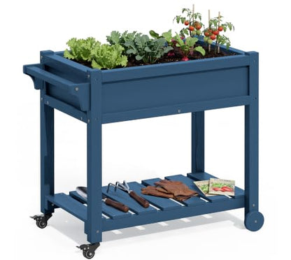 SERWALL Raised Garden Bed on Wheels with Storage Shelf,Navy - color: Navy, size: 1 Pack