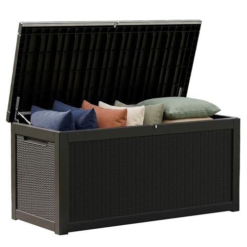 320 Gallon Resin Deck Box, Waterproof Outdoor Storage Bin for Patio Furniture, Pool Accessories, and Garden Tools, Lockable & UV-Resistant, Black - color: Black, size: 320 Gallon