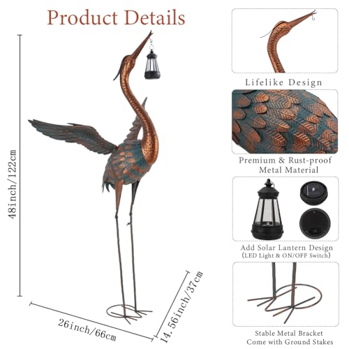 48'' Large Heron Garden Statue with Solar Lantern - color: 48 Inch Brown With Solar Lantern