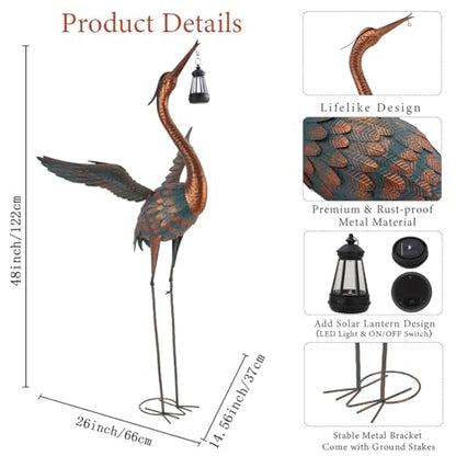 48'' Large Heron Garden Statue with Solar Lantern - color: 48 Inch Brown With Solar Lantern