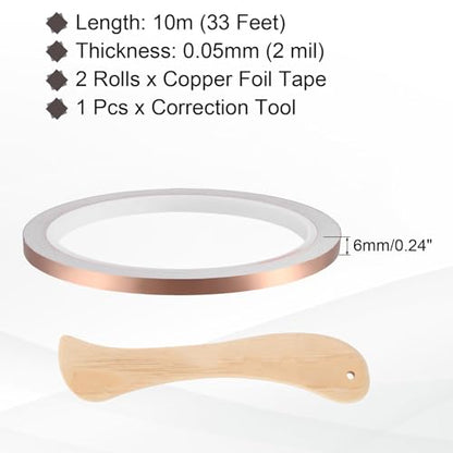 2pcs Copper Foil Tape 0.24" x33FT Single Conductive Adhesive Tape - size: 0.24 Inch x 33 FT