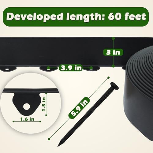 Gardzen 60-Foot x 3-Inch Landscape Edging Garden Border with 60 Spikes - color: Black, size: 3IN-60FT