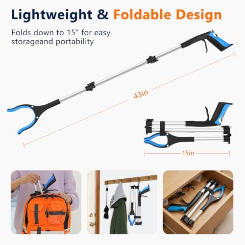 43 Inch Long Grabber Reacher Tool, 2 Pack Foldable for Seniors - size: Foldable 43" (2-Pack)