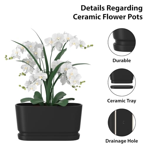 13" Rectangular Ceramic Planter with Drainage and Saucer, Black - color: Matte Black, size: Large