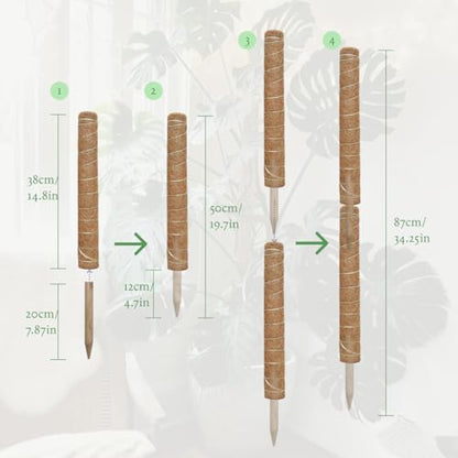 Moss Pole for Plants 4 Pack Natural Coco Coir Climbing Support Stakes with Plant Ties Indoor Monstera Plant Training Extension Poles 14.8inch Each Total 59.2inch