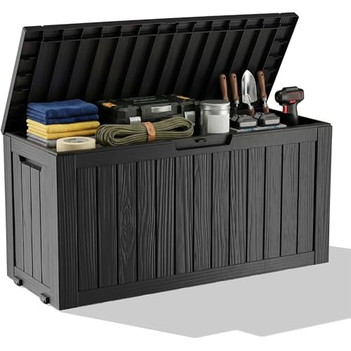 Outdoor Waterproof Resin Storage Deck Box Lockable Outside Bench UV Resistant Bin Patio Porch Furniture Pool Float Garden Tool Cushion (Black, 85 Gallon)