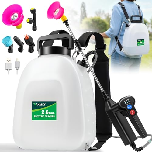 Battery Powered Sprayer 2.6 Gallon, Backpack Sprayer with 3 Adjustable Forces, Battery Indicator, 5 Mist Nozzles, 41" Retractable Wand, USB Rechargeable Garden Sprayer for Weed Lawn Yard - color: White, size: 2.6 Gallon