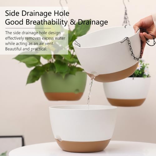 2 Pack Self Watering Hanging Planters: 9.7 Inch Pots with Chain Tray, White - color: White