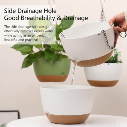 2 Pack Self Watering Hanging Planters: 9.7 Inch Pots with Chain Tray, White - color: White