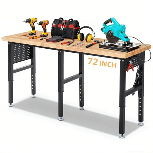ENJOYWOOD Work Bench 72 Inch Adjustable Height Workbench with Power Outlets & Extended Pegboard 5000 lbs Load Capacity Heavy Duty Work Table for Garage, Workshop, Home, Office - size: 72" Standard