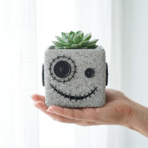 Halloween Button Face Monster Planter, Resin Pot with Drainage - color: Gray-a