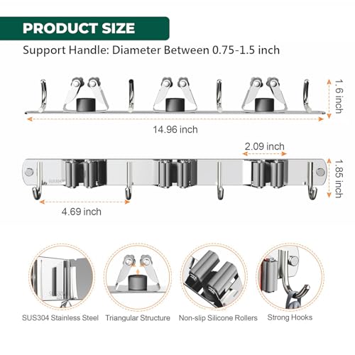 CUXIXA Mop and Broom Holder Wall Mount for Kitchen Garden Laundry Garage - color: Silver, size: 3 Racks with 4 Hooks