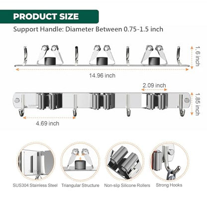 CUXIXA Mop and Broom Holder Wall Mount for Kitchen Garden Laundry Garage - color: Silver, size: 3 Racks with 4 Hooks