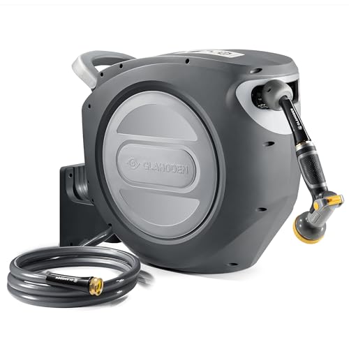 Retractable Garden Hose Reel 5/8 in x 75 ft Upgraded UV Resistant Heavy Duty Automatic Hose Reel Wall Mount 3/4 in Brass Fitting 9 Pattern Nozzle Any Length Lock Slow Retraction 180° Swivel - size: 5/8" 75FT