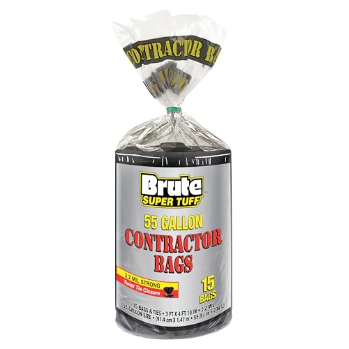 Brute Super Tuff 55 Gallon Contractor Bags, 2.2 Mil, Black, Unscented, 15ct - size: 15 Count (Pack of 1), style: Contractor (55 Gallon)