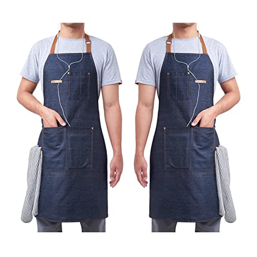 2 Packs Waist Denim Aprons for Restaurant Kitchen Women Waitress Denim Apron - color: Blue Denim Apron 2 Packs