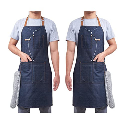 2 Packs Waist Denim Aprons for Restaurant Kitchen Women Waitress Denim Apron - color: Blue Denim Apron 2 Packs