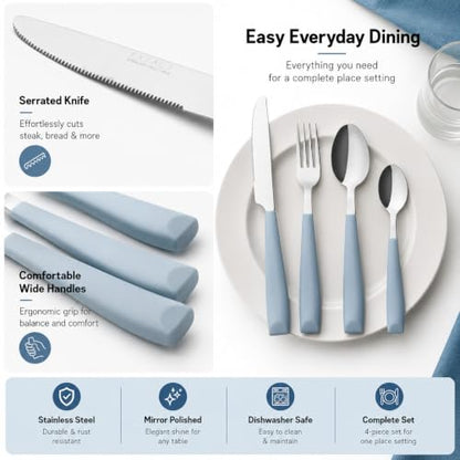 EXZACT 16 pcs Flatware Set Stainless Steel Wide Handles Serves 4 Light Blue - color: Light Blue x 16
