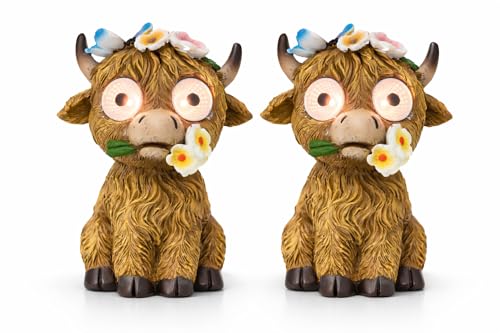 2 Solar Cow Garden Statues with Lighted Eyes – Cute Highland Cow Outdoor Decor, Waterproof Resin Animal Figurines for Yard, Patio, Lawn & Gifts (2-Pack) - size: 2-Pack