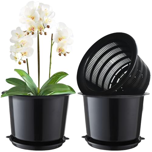 8 Inch Orchid Pots with Holes and Saucers,Double Layer Plastic Large Orchid Planter Pot,Flower Pots for Indoor Outdoor Flower Plants,Orchids,Herbs,Snake Plants and Succulents, Black - color: Black