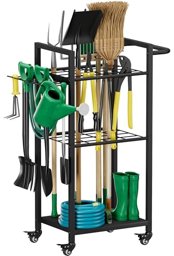 Garden Tool Organizer with Wheels, Yard Tower Rack, Black - color: black