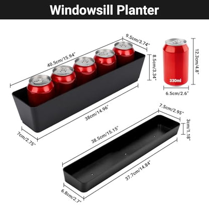 GREANER Rectangle Window Boxes, 6PCS 16x3.8 Inch Black Herb Planters with RemovableTray and Drainage Hole, Succulent Flowers Plastic Pot for Balcony, Office, Windowsill, Garden, Outdoor Decoration Use - size: 6Packs/16x3.8in