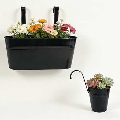 8 Pack Mixed Size Metal Fence Planters Set with Detachable Hooks, Black - color: Black, size: Oval*4 + Round*4