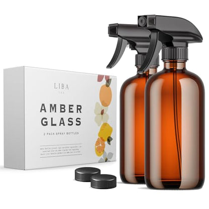 LiBa Amber Glass Spray Bottles 2 Pack 16oz Refillable Adjustable Nozzle